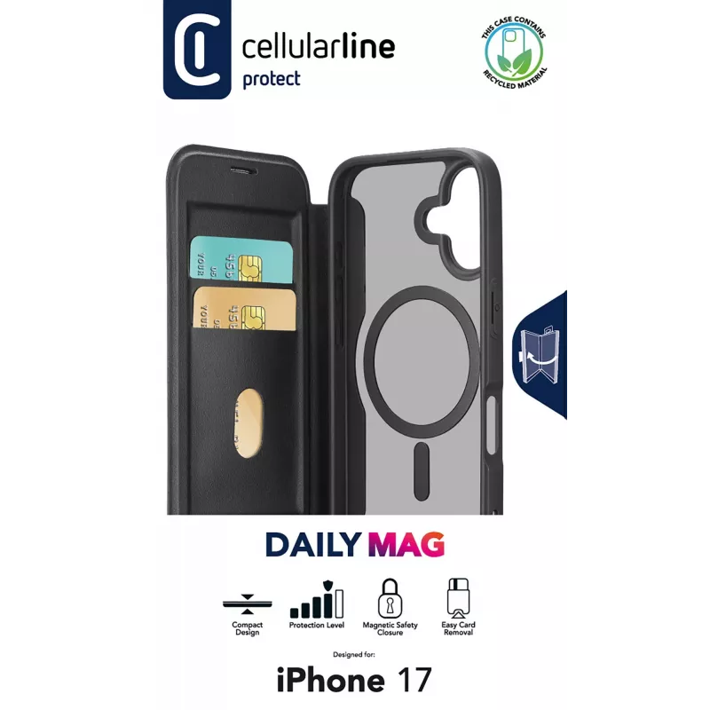 Cellularline Daily Mag - iPhone 17 Capa tipo livro com parte traseira rígida semitransparente, compatível com o ecossistema MagSafe®
