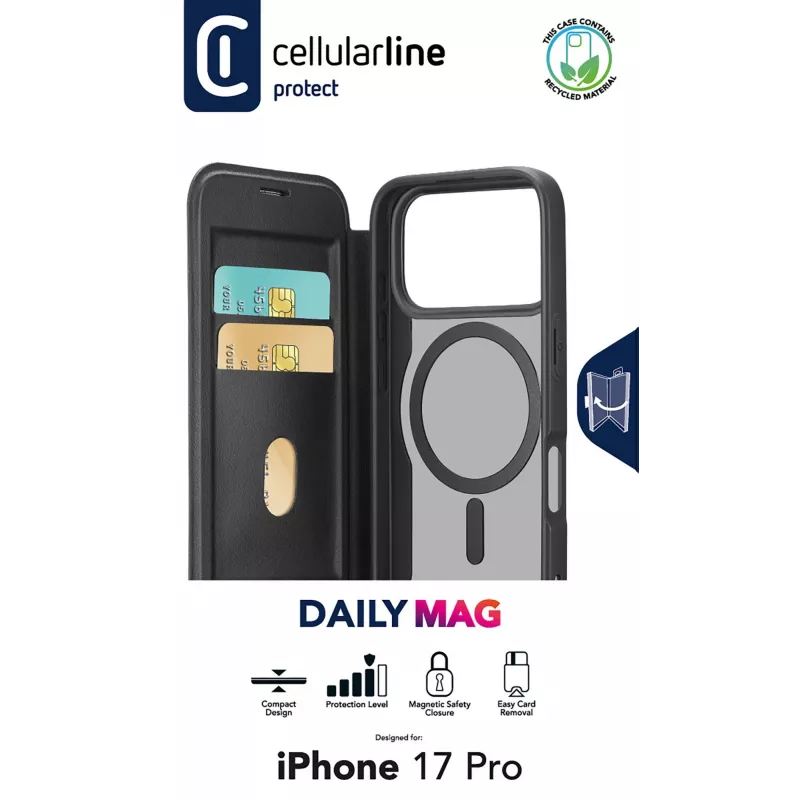 Cellularline Daily Mag - iPhone 17 Pro Capa tipo livro com parte traseira rígida semitransparente, compatível com o ecossistema MagSafe®