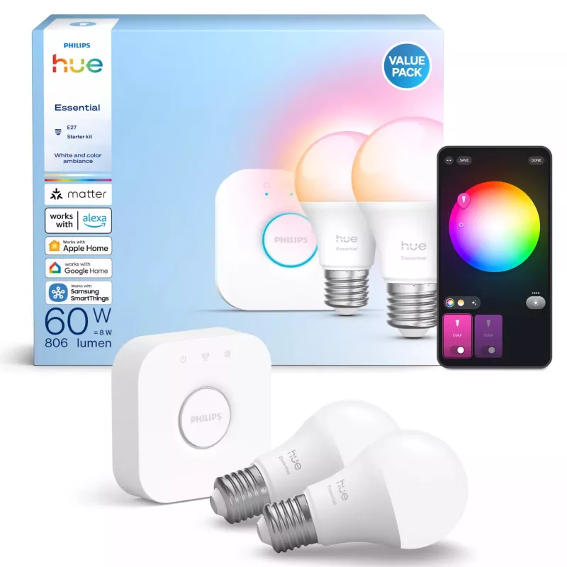 Philips Hue White and colour ambience Essential Starter-Kit: 2 lâmpadas inteligentes E27 (806 lm)