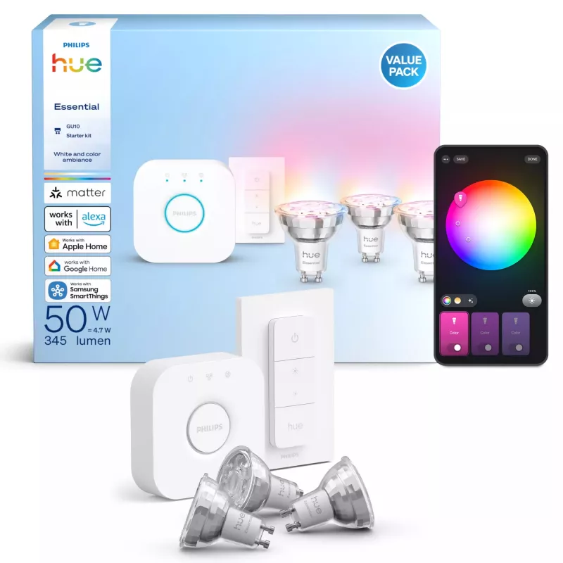 Philips Hue White and Colour Ambience Essential Starterkit: 3 lâmpadas inteligentes GU10 (345 lm) + interruptor regulador