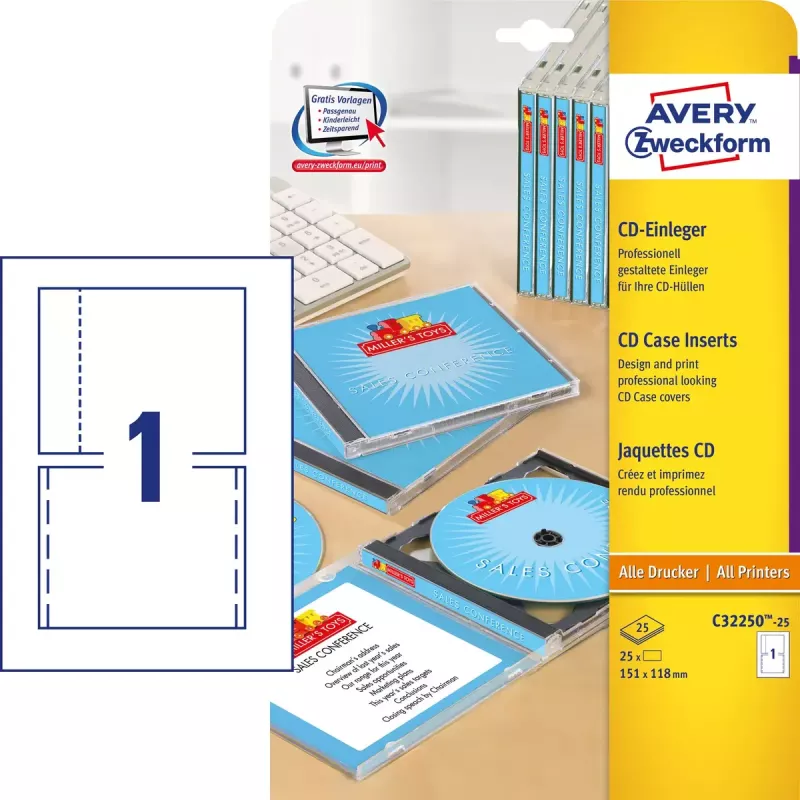 Avery Zweckform C32250-25 Inserções para caixas de CD Jewel Case, 118 x 151 mm, branco, 25 folhas