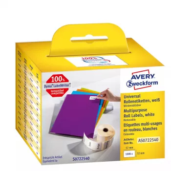 Etiquetas retangulares autoadesivas removíveis Avery AS0722540 — 32 × 57 mm, branco, 1000 unid.