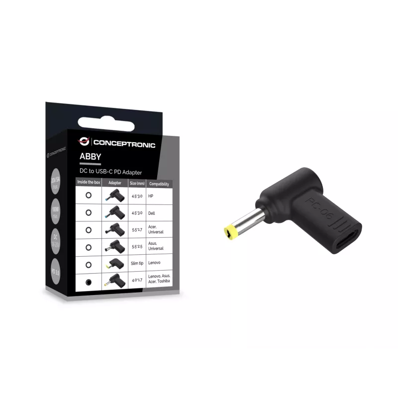 Adaptador DC para USB-C Conceptronic ABBY15PC06, Lenovo/Asus/Acer/Toshiba 4,0x1,7 mm, 18-20 V