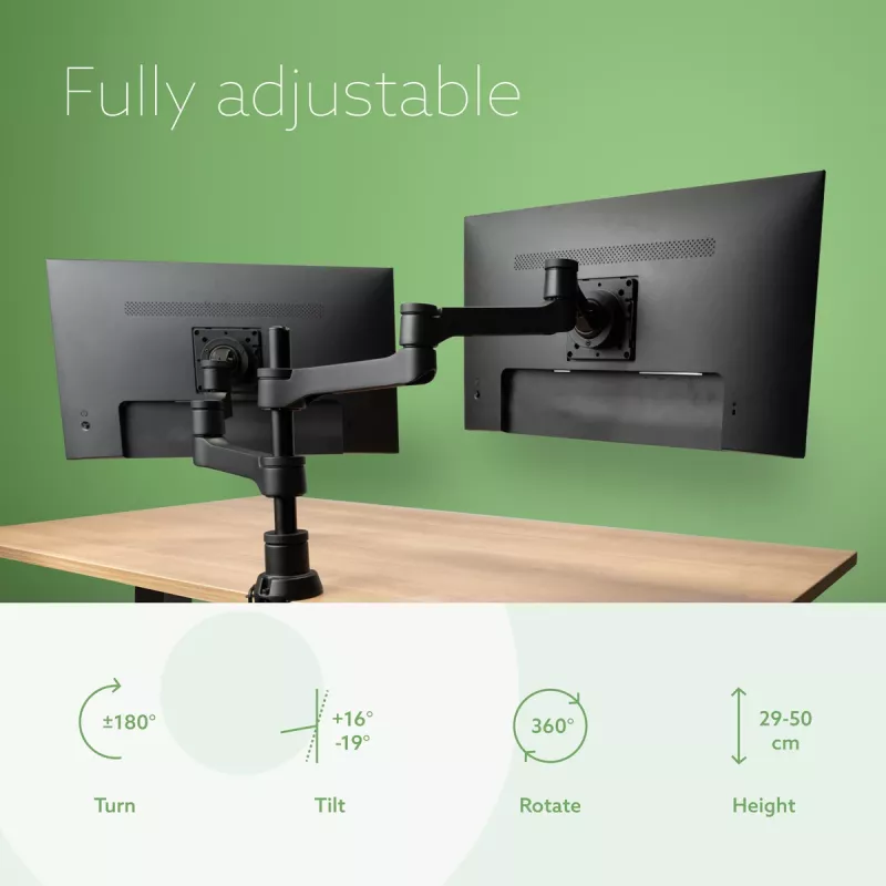 Braço de monitor R-Go Tools R-Go Zepher Dual, para dois monitores, totalmente ajustável, capacidade de 0-8 kg, 100% circular, preto
