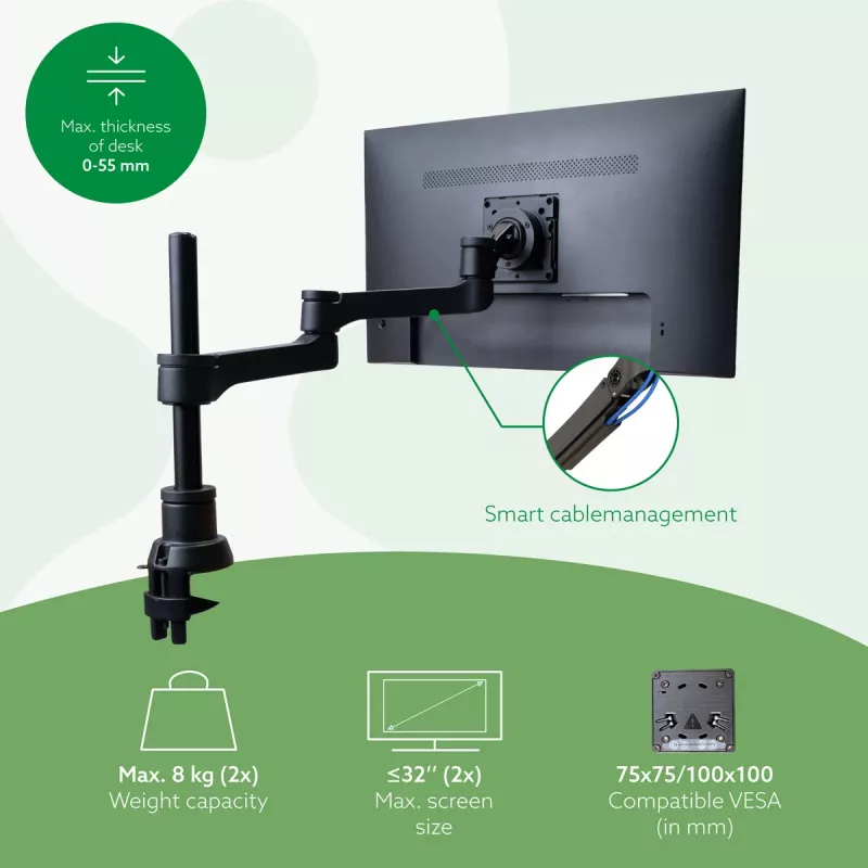 Braço de monitor R-Go Tools R-Go Zepher Dual, para dois monitores, totalmente ajustável, capacidade de 0-8 kg, 100% circular, preto