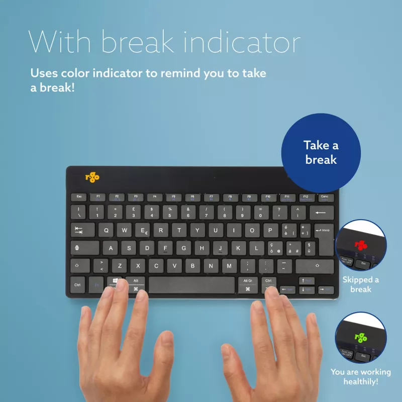 Teclado ergonómico R-Go Tools R-Go Compact Break, teclado compacto com software de pausas, QWERTY (IT), Bluetooth, preto