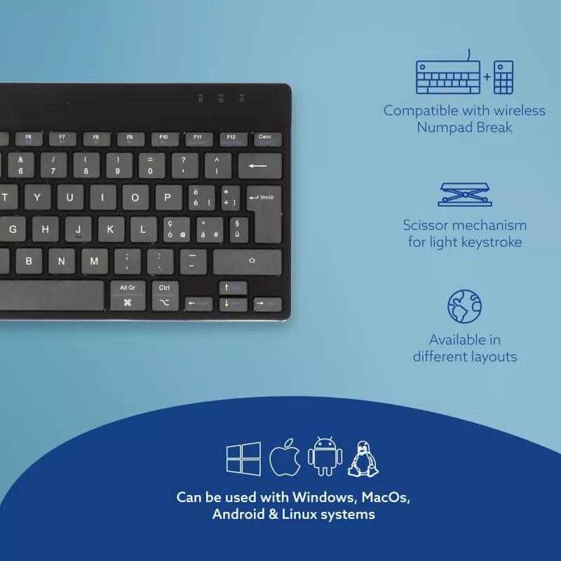 Teclado ergonómico R-Go Tools R-Go Compact Break, teclado compacto com software de pausas, QWERTY (IT), Bluetooth, preto