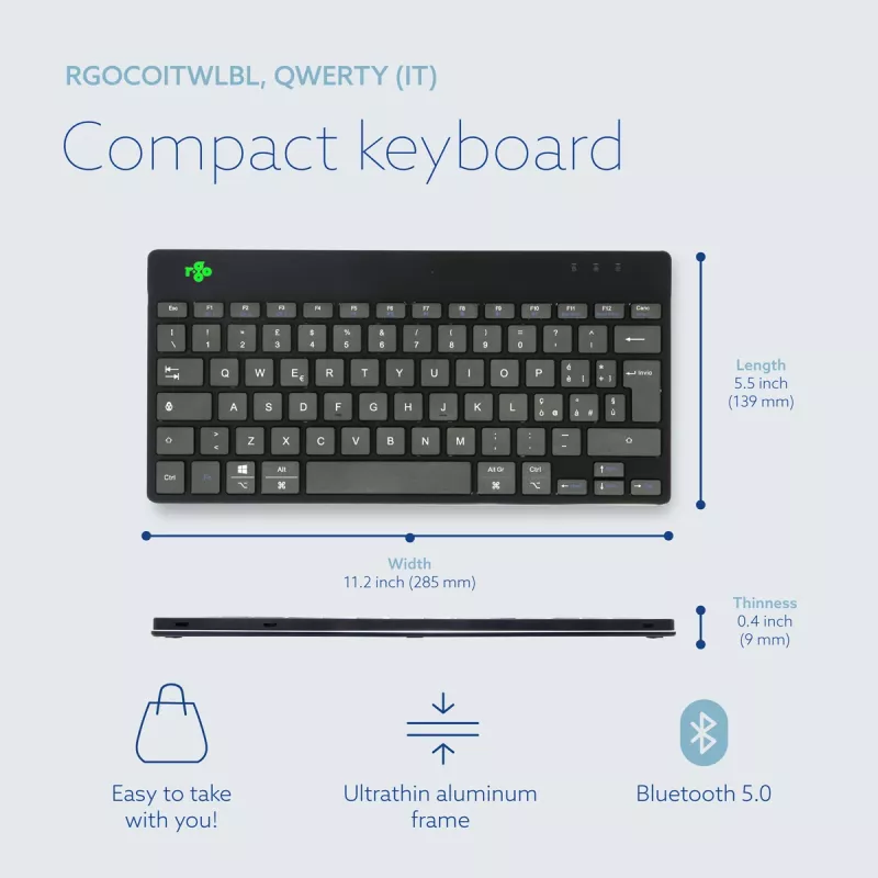 Teclado ergonómico R-Go Tools R-Go Compact Break, teclado compacto com software de pausas, QWERTY (IT), Bluetooth, preto