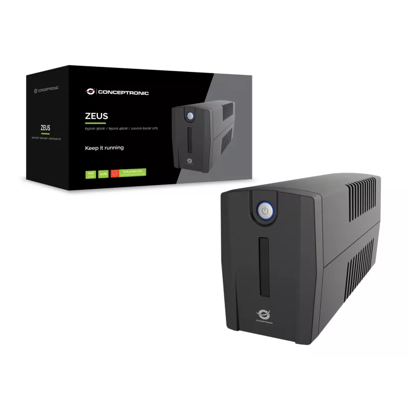 Conceptronic ZEUS01G 650VA 360W UPS, tomada UK x 2, HID USB, RJ45 In/Out, AVR