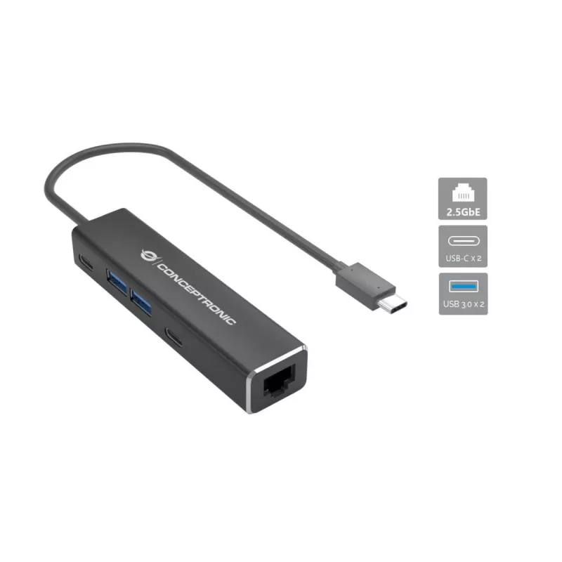 Adaptador Conceptronic ABBY14B 2.5G Ethernet USB 3.2 Gen 1 com hub USB, 2.5GbE, USB-A x 2, USB-C x 2