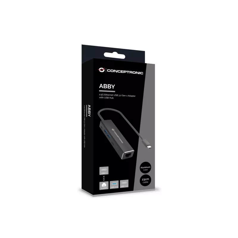 Adaptador Conceptronic ABBY14B 2.5G Ethernet USB 3.2 Gen 1 com hub USB, 2.5GbE, USB-A x 2, USB-C x 2