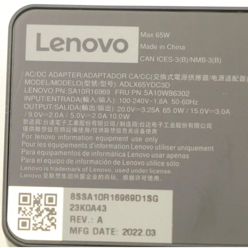 Lenovo 5A10W86202 Fonte de alimentação interior 65 W Preto