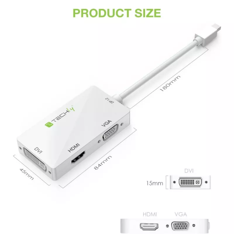 Adaptador Techly 3 em 1 Mini DisplayPort (Thunderbolt) para HDMI / DVI / VGA IADAP MDP-COMBOF12