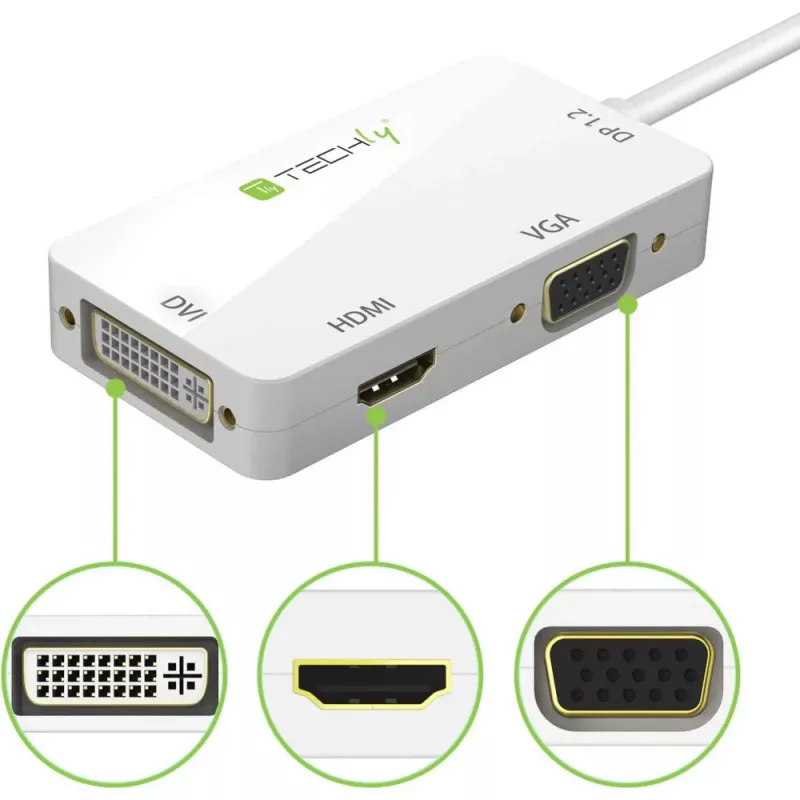 Adaptador Techly 3 em 1 Mini DisplayPort (Thunderbolt) para HDMI / DVI / VGA IADAP MDP-COMBOF12