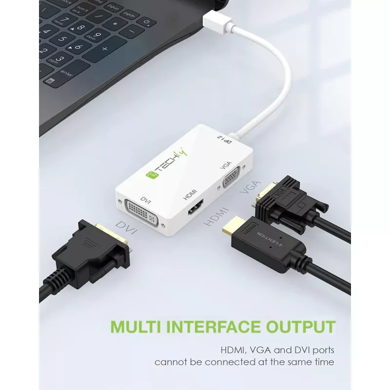 Adaptador Techly 3 em 1 Mini DisplayPort (Thunderbolt) para HDMI / DVI / VGA IADAP MDP-COMBOF12