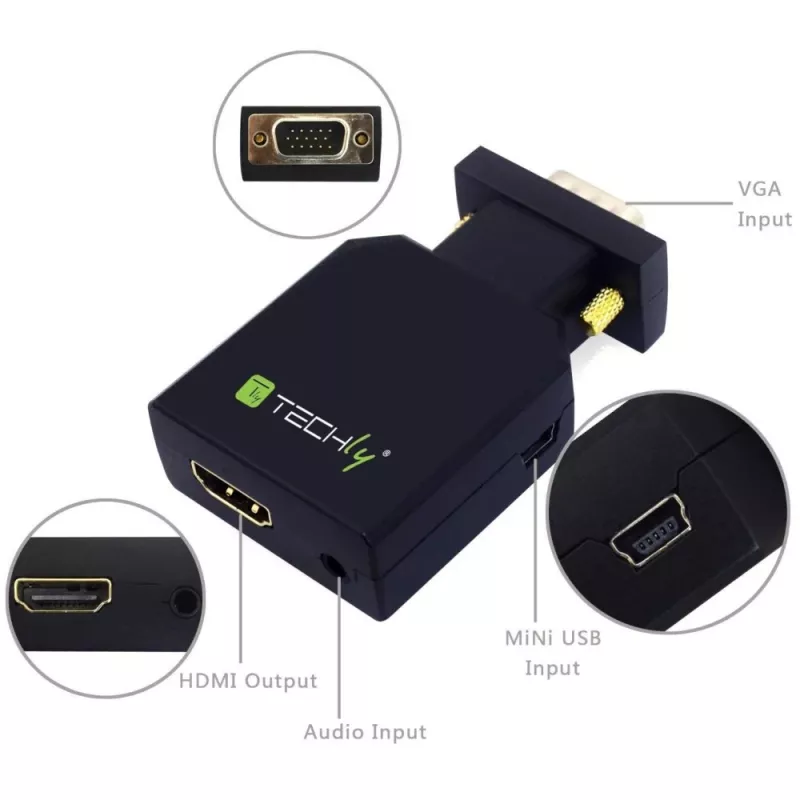 Mini conversor Techly VGA e áudio para HDMI IDATA VGA-HDMINI