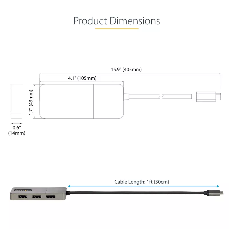 StarTech.com Adaptador USB-C Multi-Monitor de 3 portas, USB Type-C para 3x DisplayPort 1.4 MST Hub, Extensor/Divisor de ecrã de portátil Triple 4K 60Hz DP, HDR, Cabo integrado extra longo - Apenas Windows