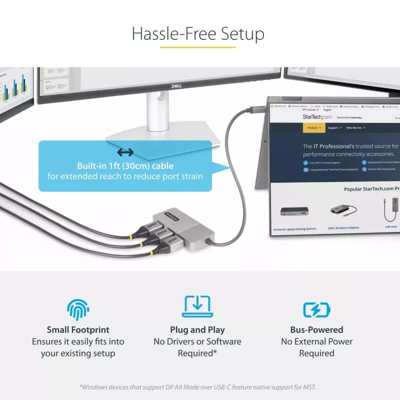 StarTech.com Adaptador USB-C Multi-Monitor de 3 portas, USB Type-C para 3x DisplayPort 1.4 MST Hub, Extensor/Divisor de ecrã de portátil Triple 4K 60Hz DP, HDR, Cabo integrado extra longo - Apenas Windows