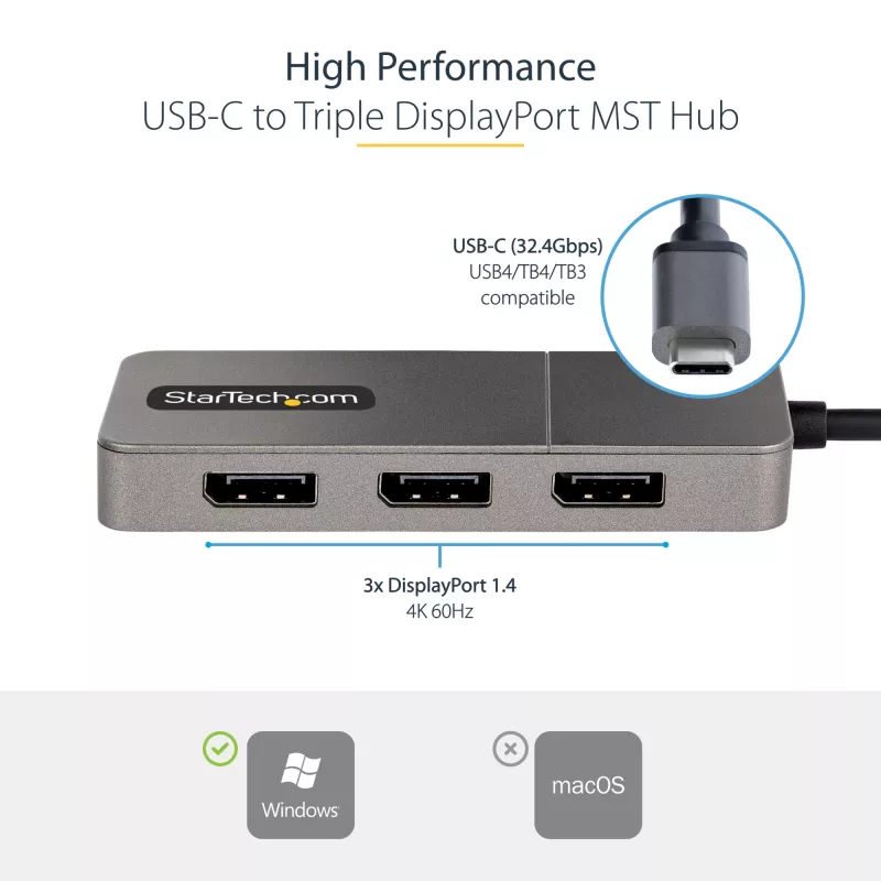 StarTech.com Adaptador USB-C Multi-Monitor de 3 portas, USB Type-C para 3x DisplayPort 1.4 MST Hub, Extensor/Divisor de ecrã de portátil Triple 4K 60Hz DP, HDR, Cabo integrado extra longo - Apenas Windows