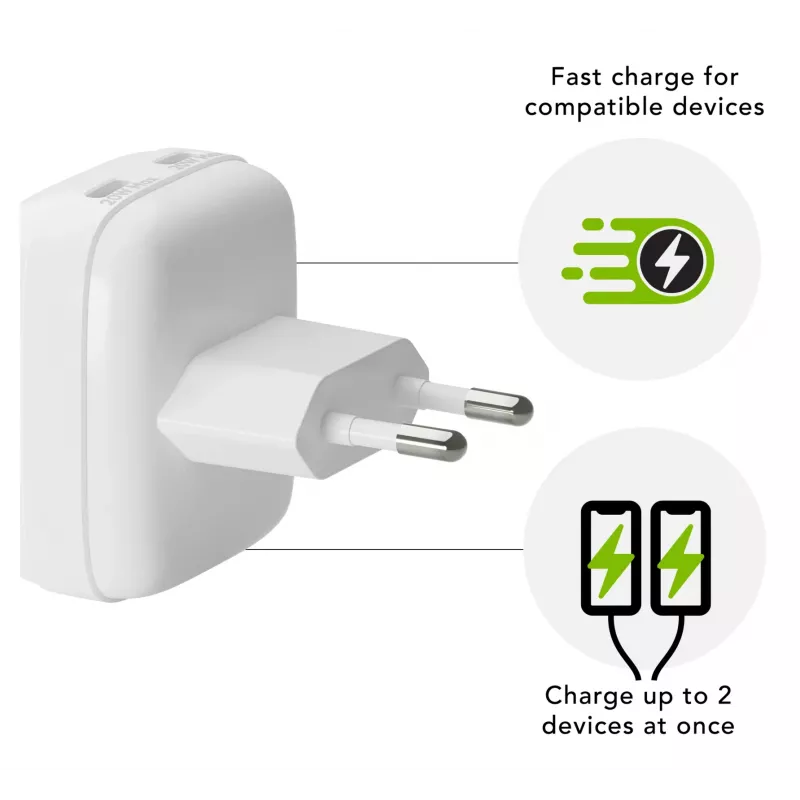 Carregador de parede d bramante re-charge Pro EU plano 2×USB-C 20W branco (interior)