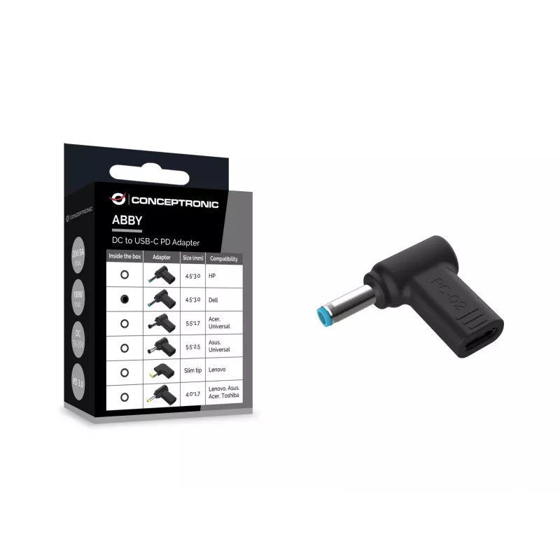 Adaptador DC para USB-C Conceptronic ABBY15PC02, Dell 4,5x3,0mm, 18-20V