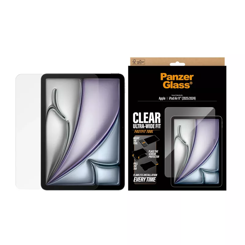 Proteção de ecrã PanzerGlass para iPad Air 11 polegadas (2024–2026) Ultra‑Wide Fit, vidro temperado, ferramenta FastFit