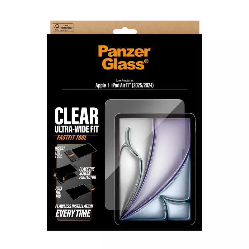 Proteção de ecrã PanzerGlass para iPad Air 11 polegadas (2024–2026) Ultra‑Wide Fit, vidro temperado, ferramenta FastFit