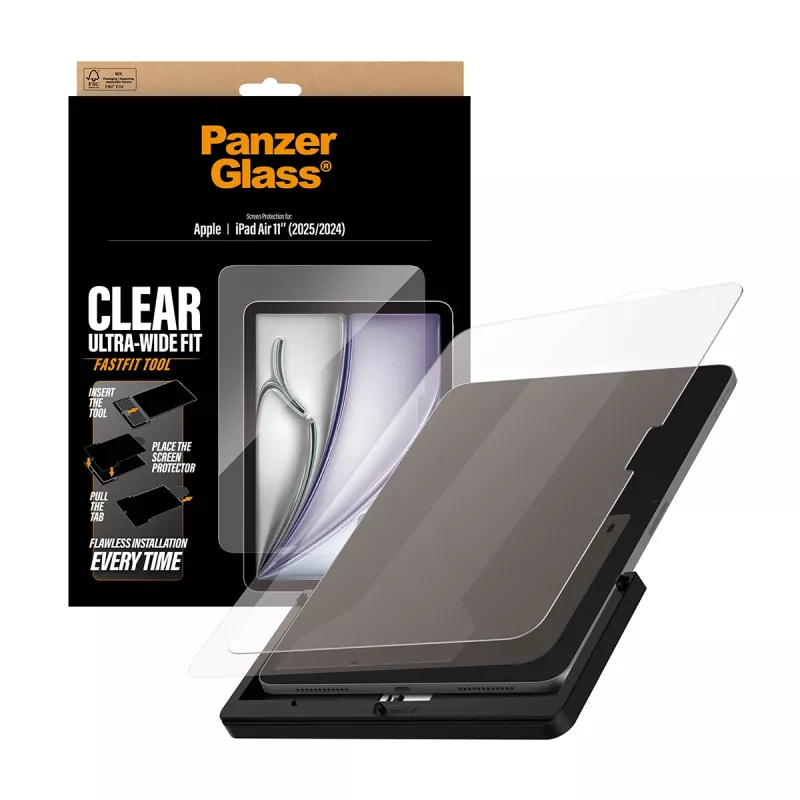 Proteção de ecrã PanzerGlass para iPad Air 11 polegadas (2024–2026) Ultra‑Wide Fit, vidro temperado, ferramenta FastFit