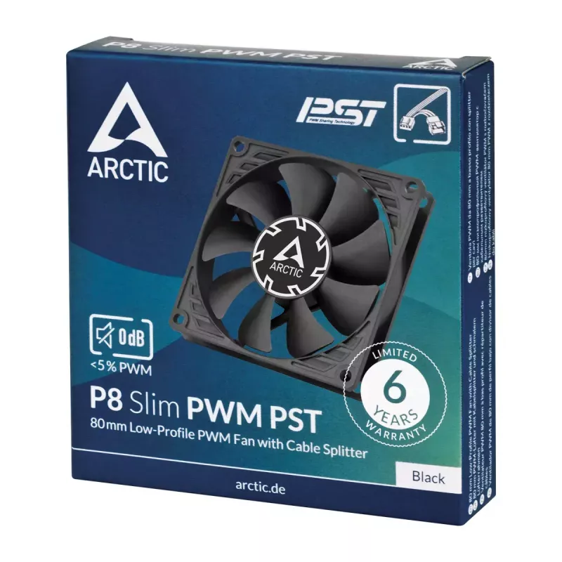 Ventoinha Arctic P8 fina PWM PST 80mm Low-Profile 38,23 m³/h rolamento fluido dinâmico preto