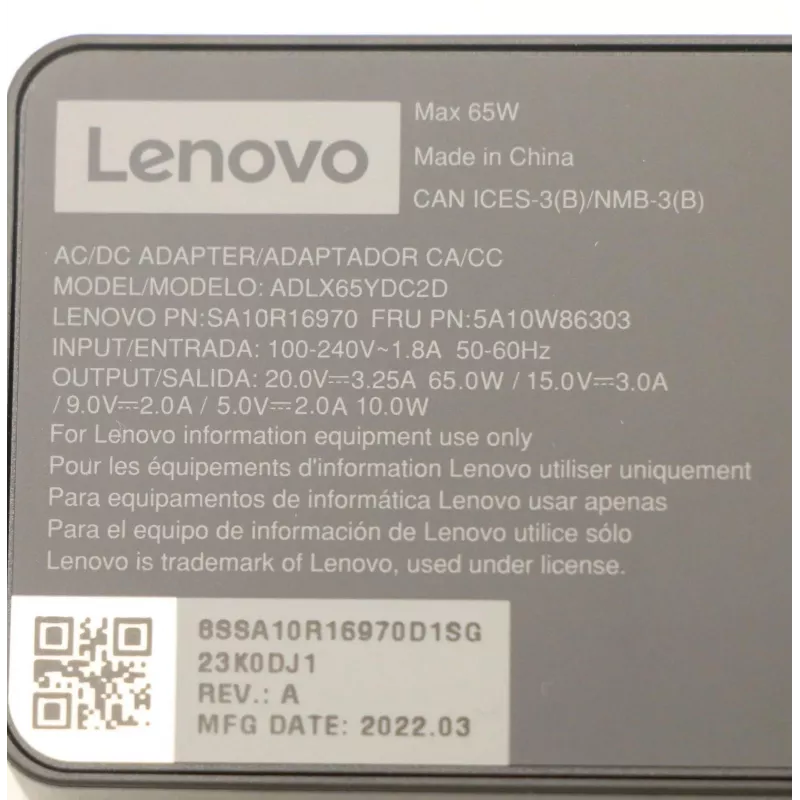 Adaptador de CA 65W USB Type-C Lenovo 5A10W86303, fonte de alimentação USB-C PD 65 W
