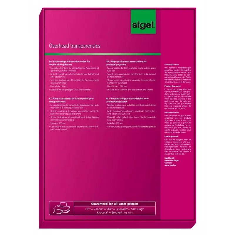 Película para impressora laser Sigel LF419 A4 210×297 mm transparente 100 folhas