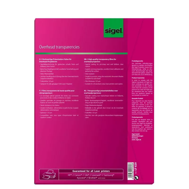Película para impressora laser Sigel LF620 A4 50 folhas Transparente