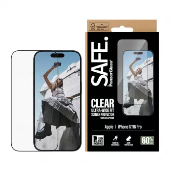 Proteção de ecrã PanzerGlass SAFE. by ® com moldura preta iPhone 17 | 16 Pro | Ultra-Wide Fit com EasyAligner