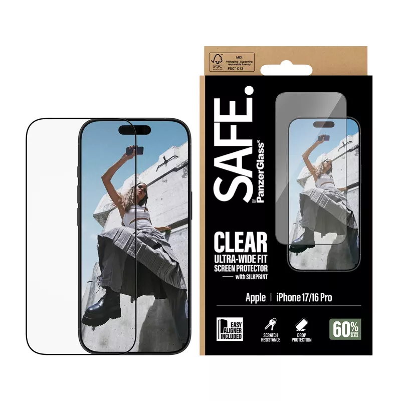 Proteção de ecrã PanzerGlass SAFE. by ® com moldura preta iPhone 17 | 16 Pro | Ultra-Wide Fit com EasyAligner