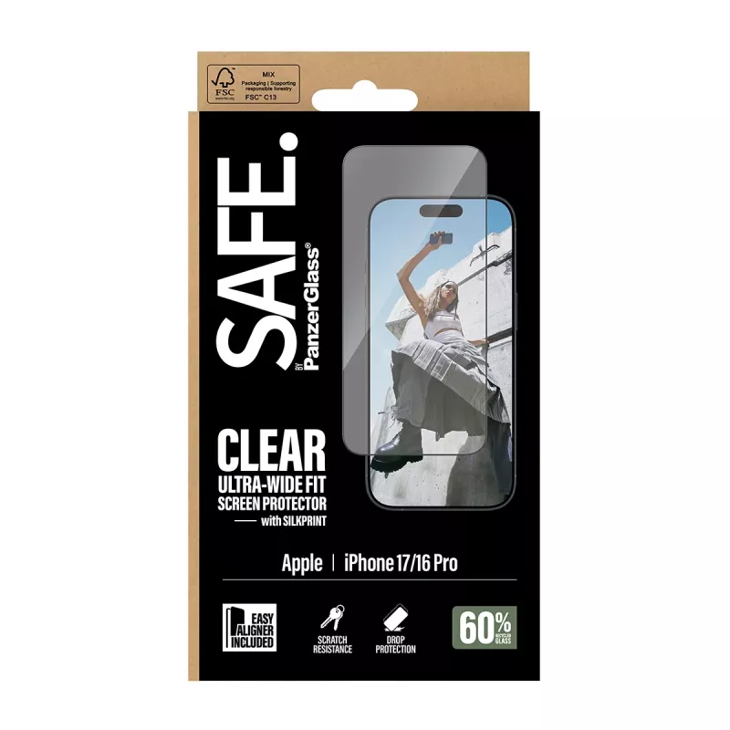 Proteção de ecrã PanzerGlass SAFE. by ® com moldura preta iPhone 17 | 16 Pro | Ultra-Wide Fit com EasyAligner