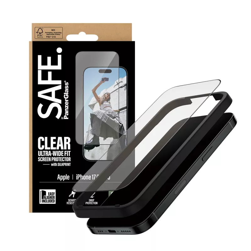Proteção de ecrã PanzerGlass SAFE. by ® com moldura preta iPhone 17 | 16 Pro | Ultra-Wide Fit com EasyAligner