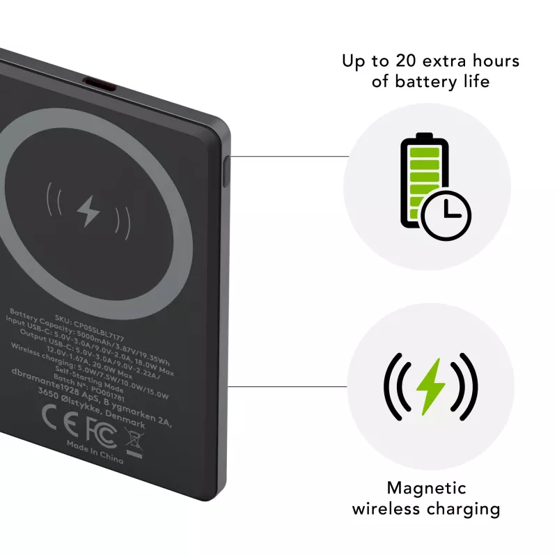 dbramante1928 re-charge - power bank 5K Wireless - cinzento, 5000 mAh, carregamento sem fios, 3,87 V, cinzento