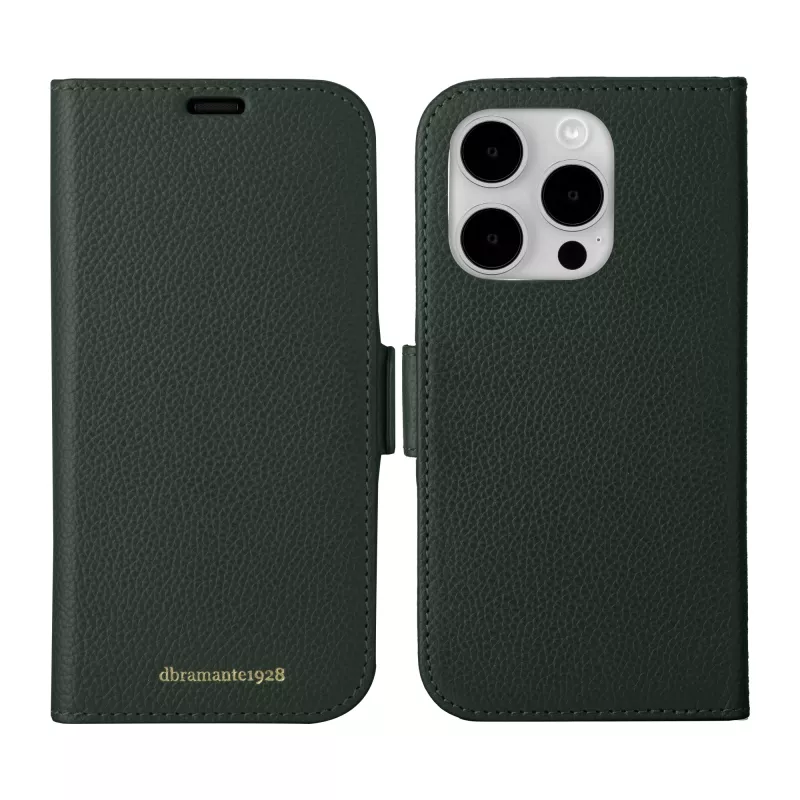 Capa tipo carteira dbramante1928 New York para iPhone 15 Pro, cor única verde, 3 compartimentos para cartões