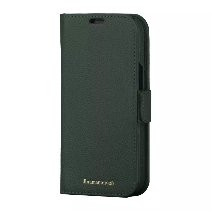 Capa tipo carteira dbramante1928 New York para iPhone 15 Pro, cor única verde, 3 compartimentos para cartões