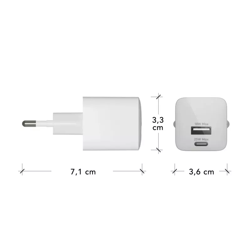 Carregador de parede UE d bramante re-charge Pro — USB‑C 25W + USB‑A 18W, 110–240V, interior, branco