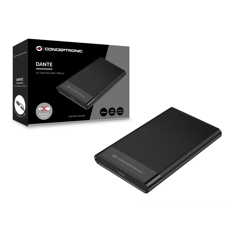 Caixa para disco de 2,5 polegadas Conceptronic DANTE06B USB 3.0, caixa HDD/SSD, 2,5 polegadas, Serial ATA III, 6 Gbit/s, ligação USB, preto