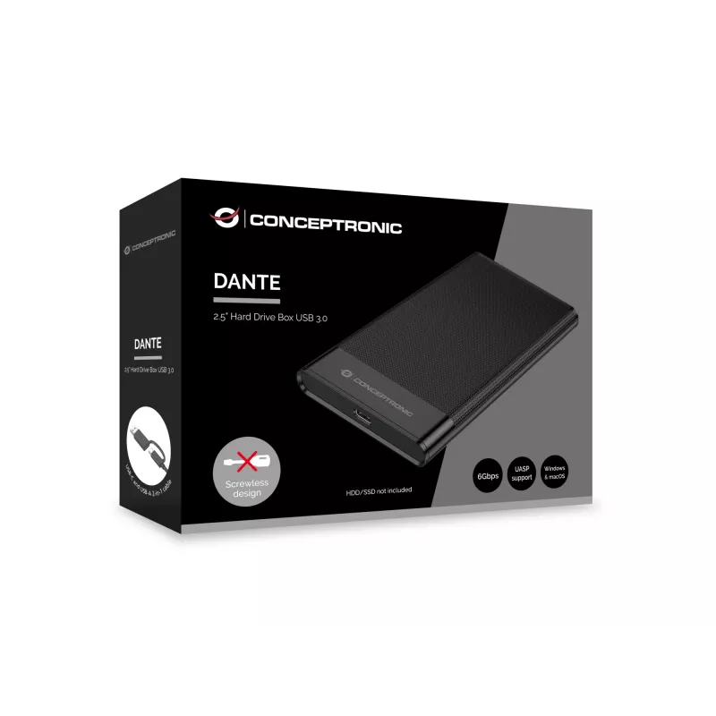 Caixa para disco de 2,5 polegadas Conceptronic DANTE06B USB 3.0, caixa HDD/SSD, 2,5 polegadas, Serial ATA III, 6 Gbit/s, ligação USB, preto