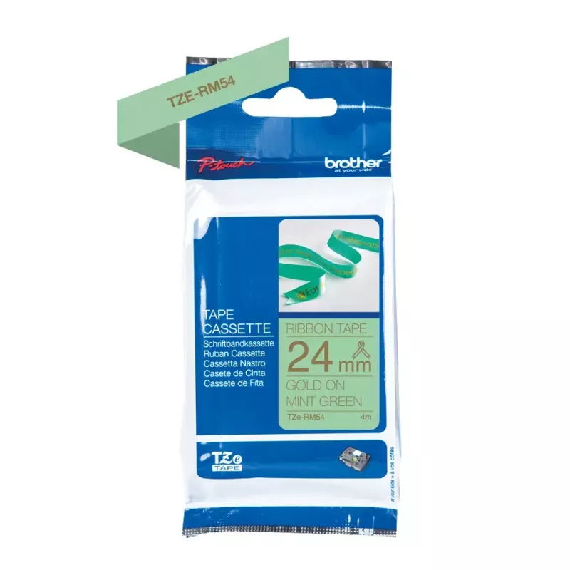 Fita de etiquetar Brother TZE-RM54 dourado sobre cor de menta