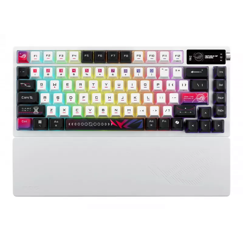 Teclado mecânico gaming ASUS ROG Azoth X — layout 75%, USB + RF Wireless + Bluetooth, RGB, apoio de pulso, preto/branco