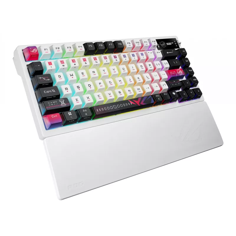 Teclado mecânico gaming ASUS ROG Azoth X — layout 75%, USB + RF Wireless + Bluetooth, RGB, apoio de pulso, preto/branco