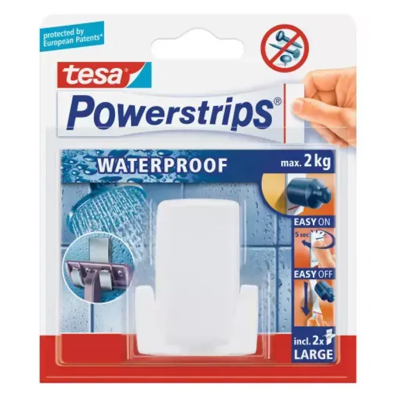 Suporte para máquina de barbear Tesa Powerstrips Waterproof Wave, suporte autoadesivo para casa de banho, design à prova de água, branco