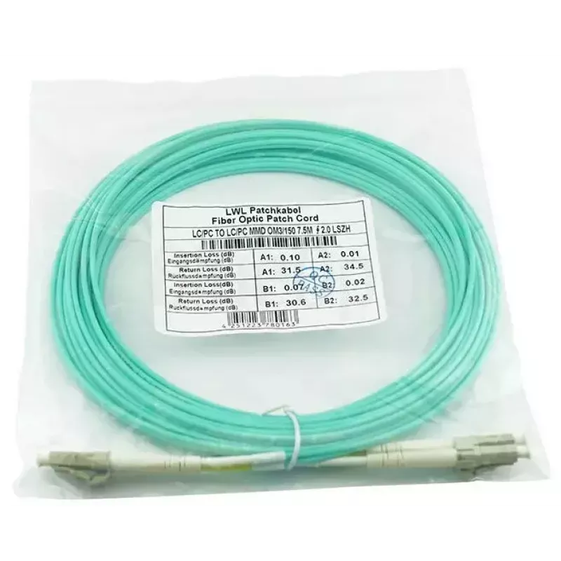 BlueOptics 050502T512000007.5M-BO Cabo de patch de fibra ótica duplex (compatível com Corning), LC-UPC/LC-UPC, multimodo OM3 50/125 µm, 7,5 m
