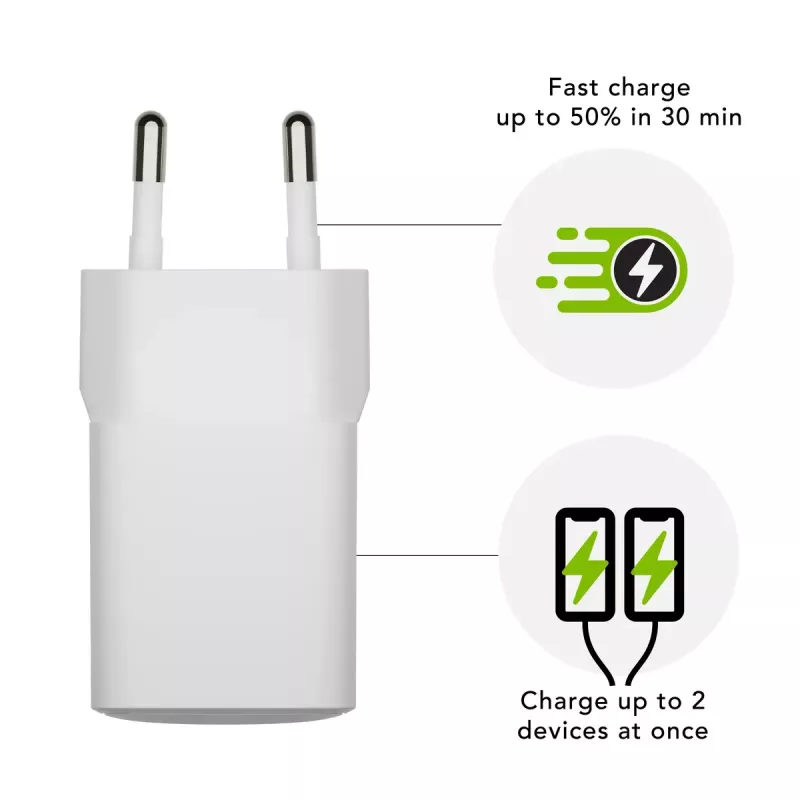 Carregador USB-C 30W + USB-A 18W para interior de d bramante – modelo CH18EUWH7082, branco, AC 110–240V