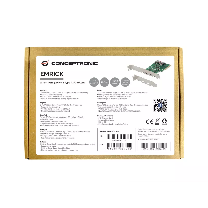 Placa PCIe Conceptronic EMRICK 2 portas USB 3.2 Gen 2 Type-C, alimentação própria