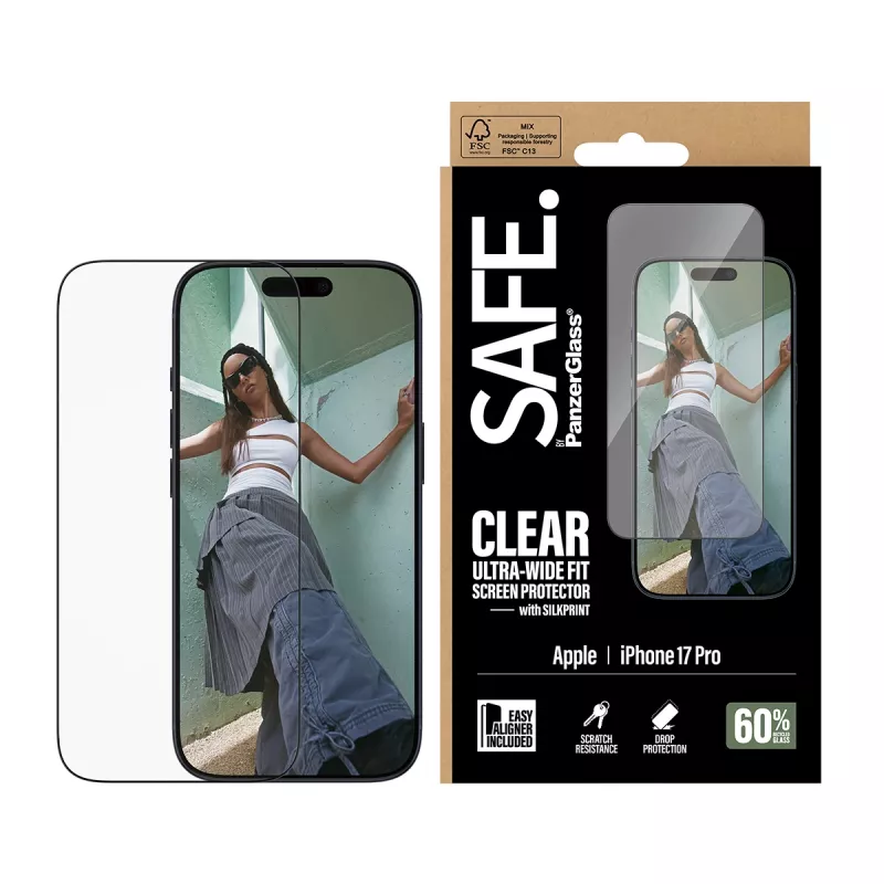 Película protetora de ecrã PanzerGlass SAFE. by para iPhone 17 Pro — película PET ultra larga com moldura preta, aplicação a seco, resistente a riscos e choques